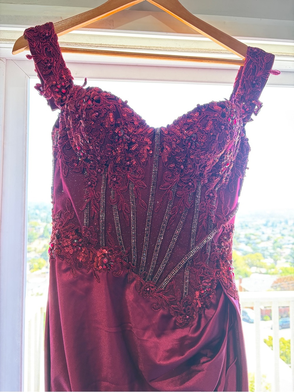 Cinderella Burgundy Beaded Lace Prom Dress